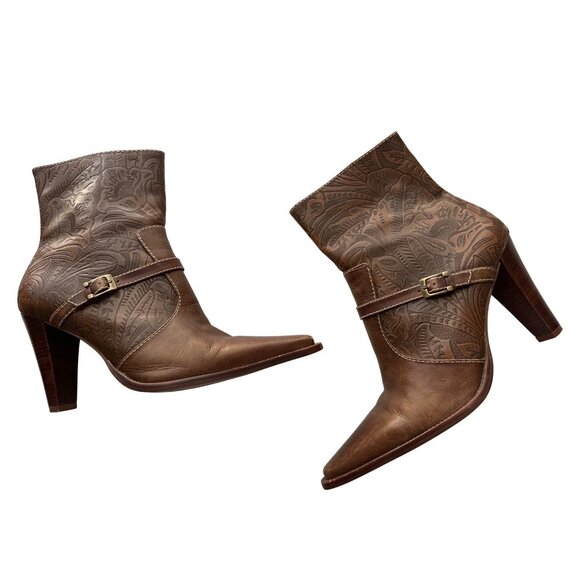 Worthington Brown Embossed Leather Boots Pointed Toe Zip Strap Buckle Size 9.5 - Picture 2 of 10